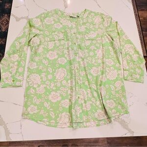 Denim & Co Womens Floral V-Neck Long Sleeve Button Up Blouse Size 2X Tunic Green
